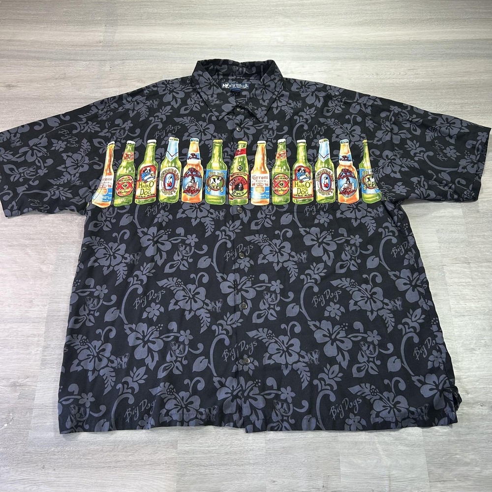 Big Dogs Shirt Mens 3XL Black Beer‎ Bottle Hawaiian Rayon Short Sleeve Casual